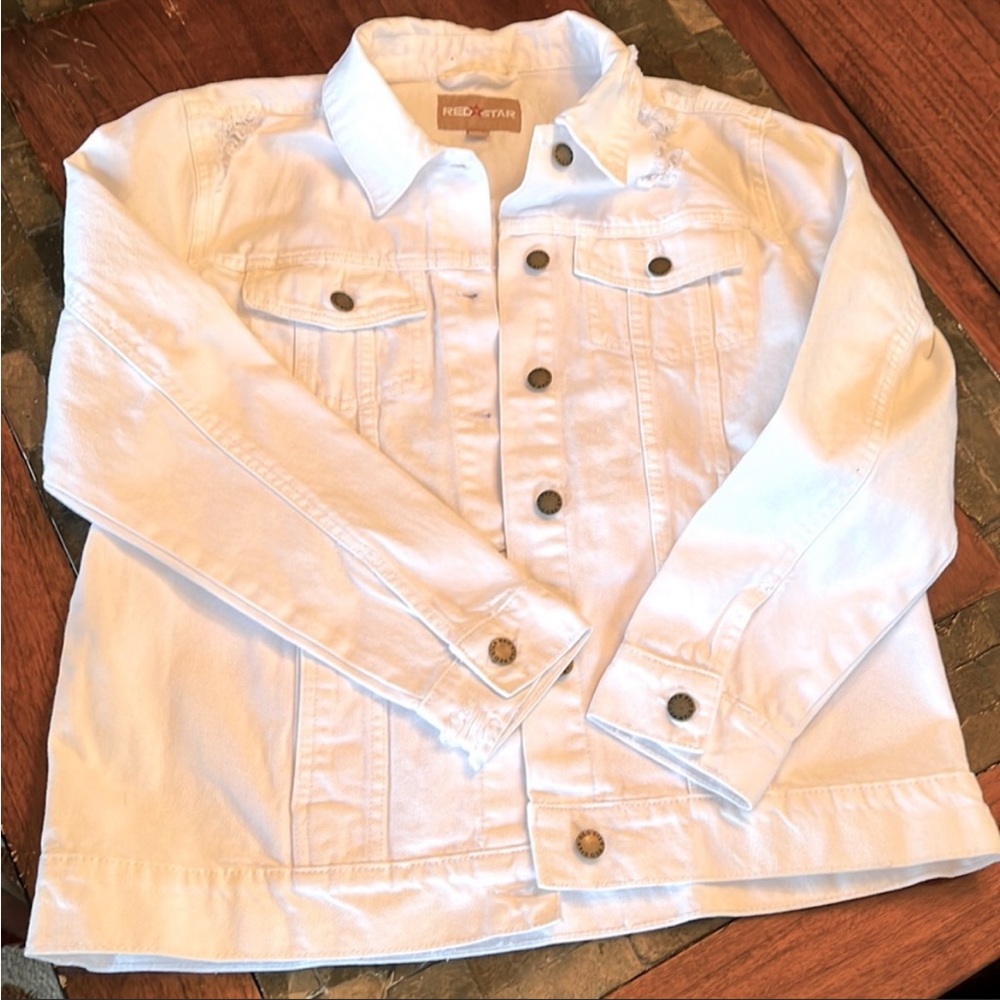 Red Star Distressed White Denim Jacket